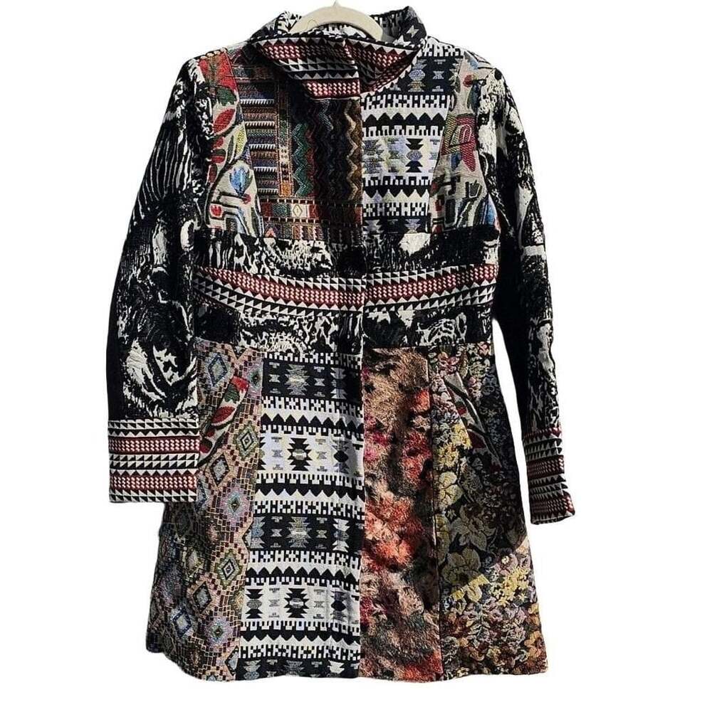 Anthropologie Dor Dor Couture Patchwork Tapestry Coat Boho Art Wear M